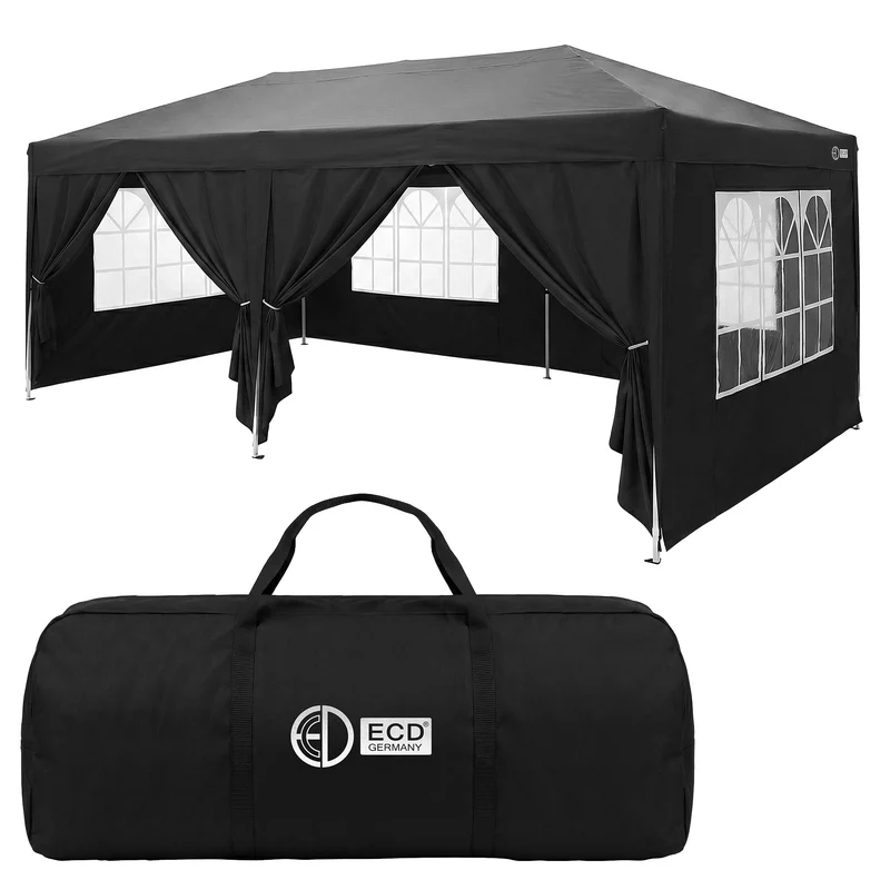 ECD Germany | Pavillon Pop Up B-Ware Wasserabweisend mit 6 Seitenwänden 3x6 m Polyester Oxford-Gewebe Schwarz Faltpavillon Gartenpavillon Gartenzelt