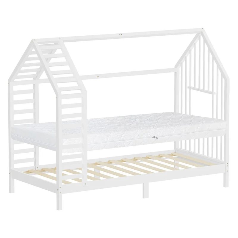 ML-DESIGN | Kinderbett mit Lattenrost aus massivem Kiefernholz Hausbett mit Dach & Fenster Montessori Bettgestell für Mädchen & Jungen