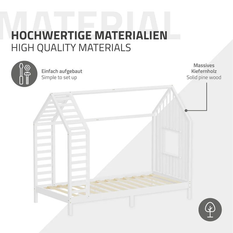 ML-DESIGN | Kinderbett mit Matratze und Lattenrost & Dach aus massivem Kiefernholz 90x200 cm Weiß Hausbett Montessori Bettgestell für Mädchen Jungen