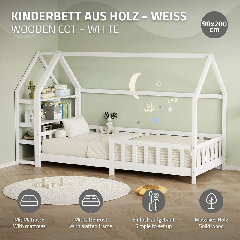 Kinderbett Hausbett 90x200 cm Weiß aus Kiefernholz inkl. Matratze H-16cm Rausfallschutz Regal Dach und Lattenrost ML-Design