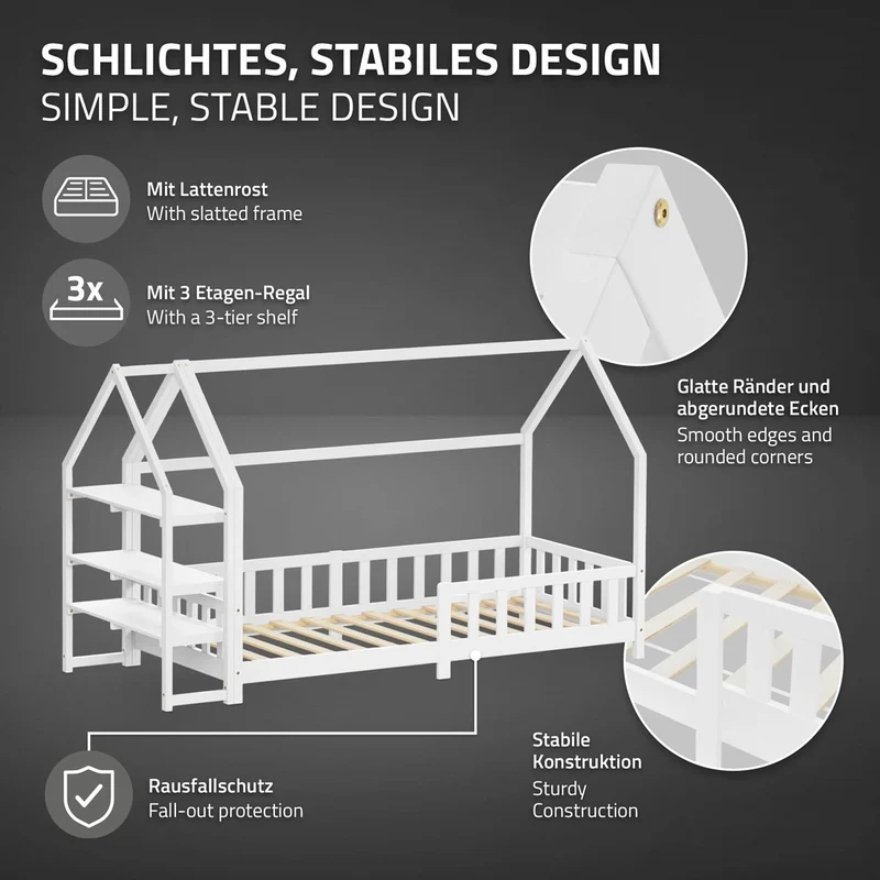 Kinderbett Hausbett 90x200 cm Weiß aus Kiefernholz inkl. Matratze H-16cm Rausfallschutz Regal Dach und Lattenrost ML-Design