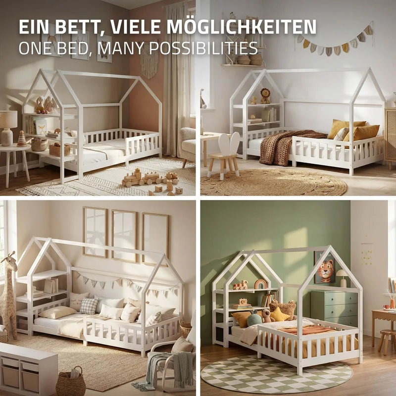 Kinderbett Hausbett 90x200 cm Weiß aus Kiefernholz inkl. Matratze H-16cm Rausfallschutz Regal Dach und Lattenrost ML-Design