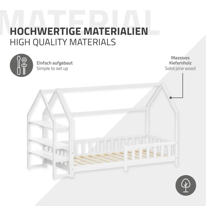 Kinderbett Hausbett 90x200 cm Weiß aus Kiefernholz inkl. Matratze H-16cm Rausfallschutz Regal Dach und Lattenrost ML-Design