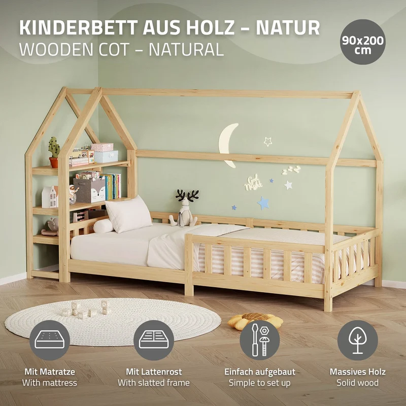 Kinderbett Hausbett 90x200 cm Natur aus Kiefernholz inkl. Matratze H-16cm Rausfallschutz Regal Dach und Lattenrost ML-Design