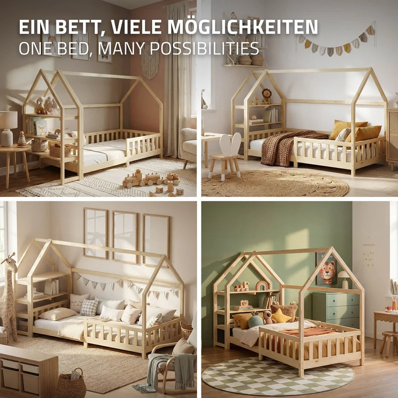 Kinderbett Hausbett 90x200 cm Natur aus Kiefernholz inkl. Matratze H-16cm Rausfallschutz Regal Dach und Lattenrost ML-Design
