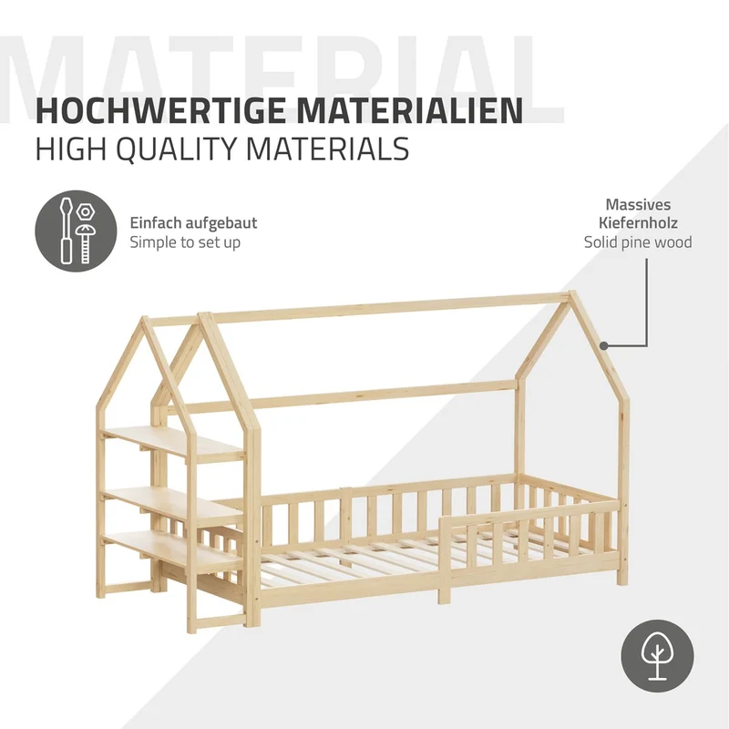 Kinderbett Hausbett 90x200 cm Natur aus Kiefernholz inkl. Matratze H-16cm Rausfallschutz Regal Dach und Lattenrost ML-Design