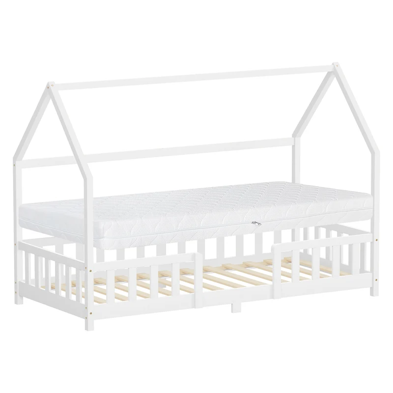 Kinderbett Hausbett 90x200 cm Weiß aus Kiefernholz inkl. Matratze H-16cm Rausfallschutz Dach und Lattenrost ML-Design
