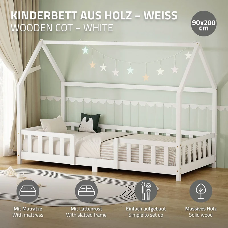 Kinderbett Hausbett 90x200 cm Weiß aus Kiefernholz inkl. Matratze H-16cm Rausfallschutz Dach und Lattenrost ML-Design