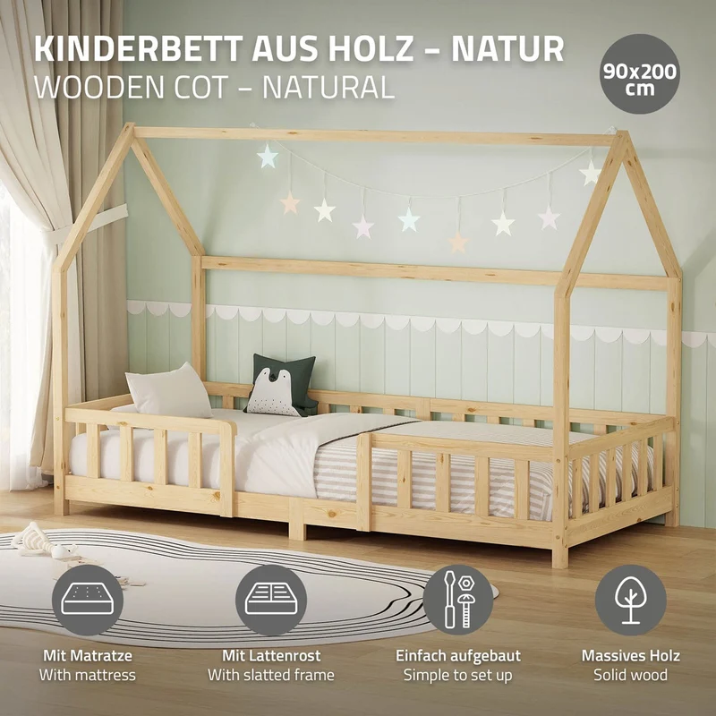 Kinderbett Hausbett 90x200 cm Natur aus Kiefernholz inkl. Matratze H-16cm Rausfallschutz Dach und Lattenrost ML-Design