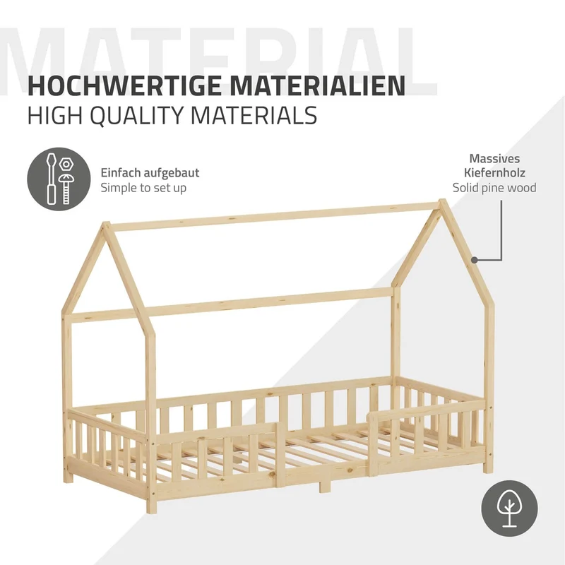 Kinderbett Hausbett 90x200 cm Natur aus Kiefernholz inkl. Matratze H-16cm Rausfallschutz Dach und Lattenrost ML-Design