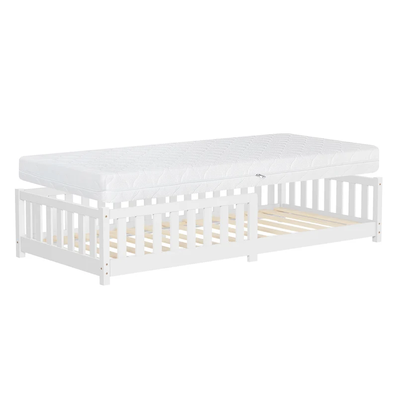 Kinderbett 90x200 cm mit Lattenrost Rausfallschutz und Matratze H-16 cm Weiß Kiefernholz ML-Design
