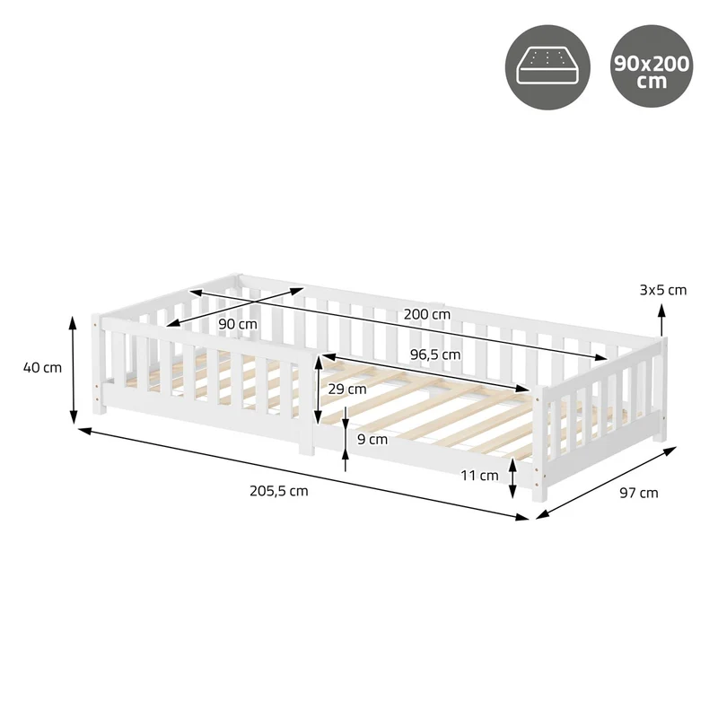 Kinderbett 90x200 cm mit Lattenrost Rausfallschutz und Matratze H-16 cm Weiß Kiefernholz ML-Design