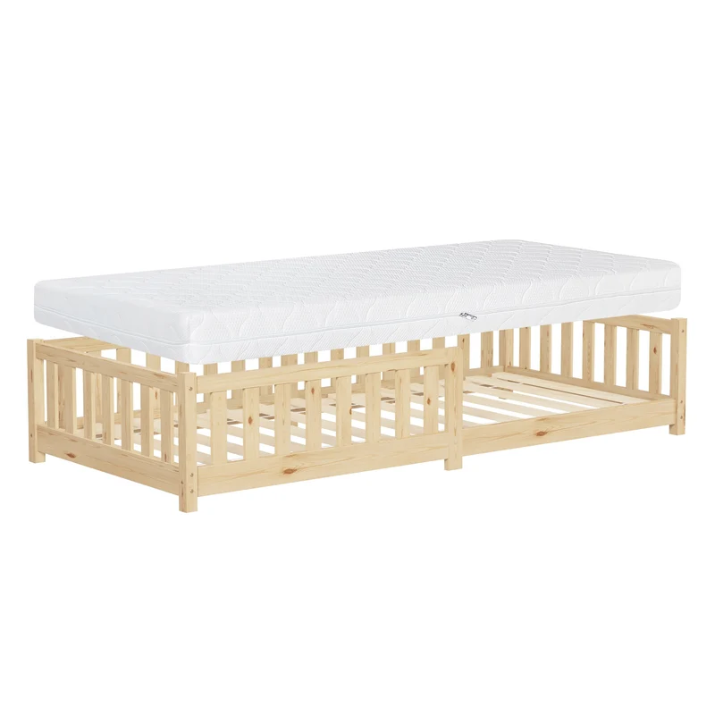 Kinderbett 90x200 cm mit Lattenrost Rausfallschutz und Matratze H-16 cm Natur Kiefernholz ML-Design