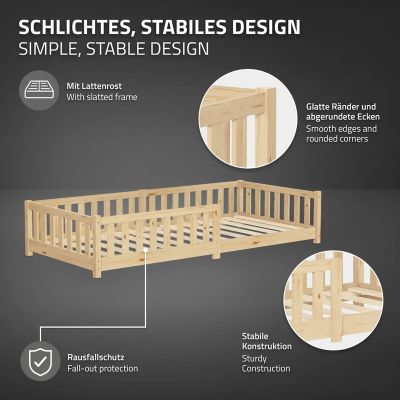 Kinderbett 90x200 cm mit Lattenrost Rausfallschutz und Matratze H-16 cm Natur Kiefernholz ML-Design