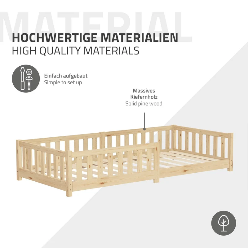 Kinderbett 90x200 cm mit Lattenrost Rausfallschutz und Matratze H-16 cm Natur Kiefernholz ML-Design