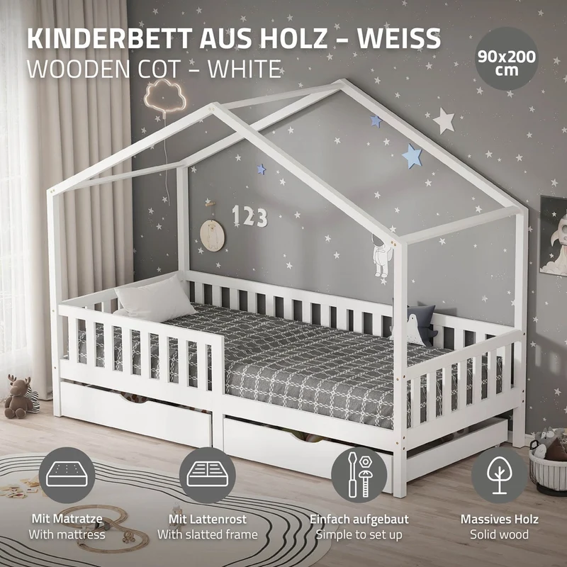 Kinderbett Hausbett 90x200 cm Weiß aus Kiefernholz mit Matratze H:16cm, 2 Schubkasten, Rausfallschutz & Lattenrost ML-Design