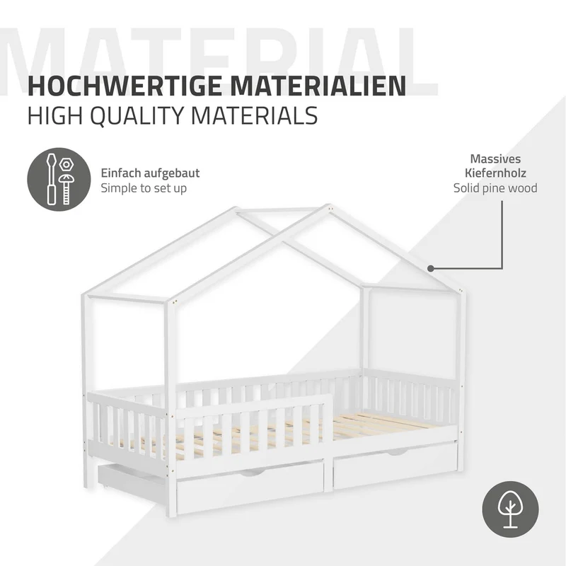 Kinderbett Hausbett 90x200 cm Weiß aus Kiefernholz mit Matratze H:16cm, 2 Schubkasten, Rausfallschutz & Lattenrost ML-Design