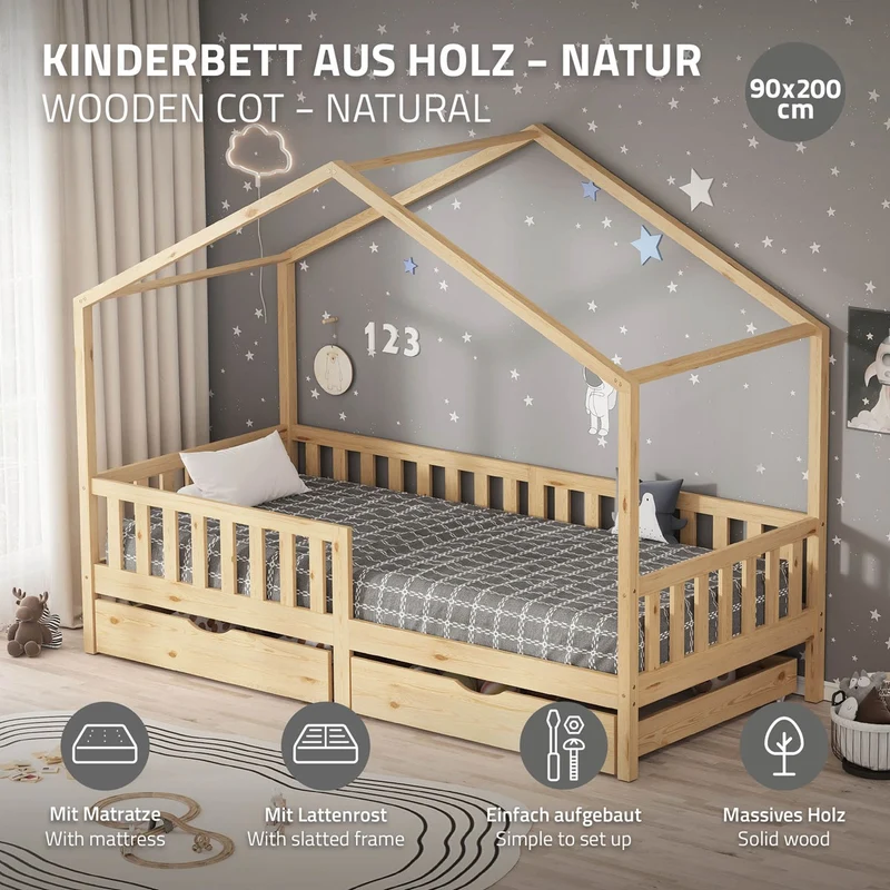 Kinderbett Hausbett 90x200 cm Natur aus Kiefernholz mit Matratze H:16cm, 2 Schubkasten, Rausfallschutz & Lattenrost ML-Design