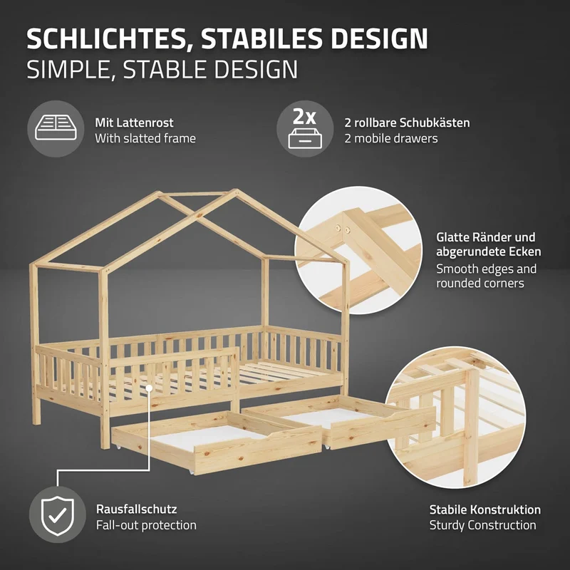 Kinderbett Hausbett 90x200 cm Natur aus Kiefernholz mit Matratze H:16cm, 2 Schubkasten, Rausfallschutz & Lattenrost ML-Design