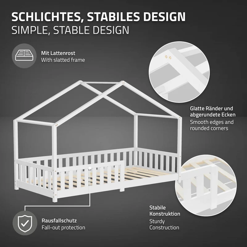 Kinderbett Hausbett 90x200 cm Weiß aus Kiefernholz mit Matratze H:16cm Rausfallschutz und Lattenrost ML-Design