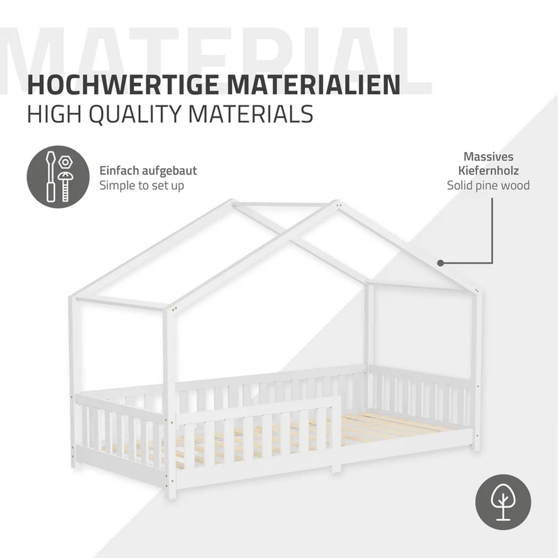 Kinderbett Hausbett 90x200 cm Weiß aus Kiefernholz mit Matratze H:16cm Rausfallschutz und Lattenrost ML-Design