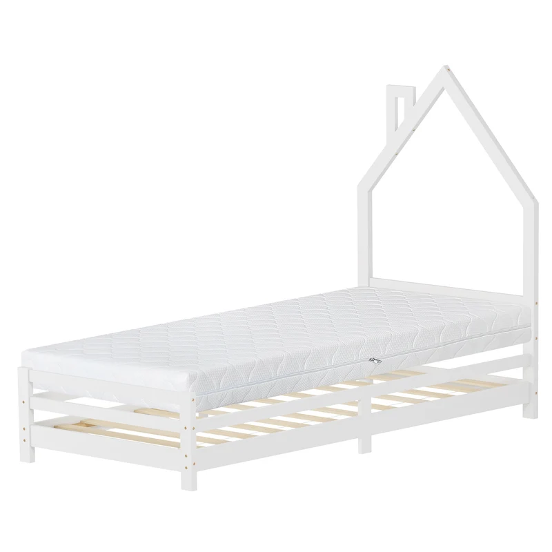 Kinderbett Haus 90x200 cm Weiß mit Matratze H:16cm Holzbett für Kinder mit Lattenrost Schornstein Design ML-Design