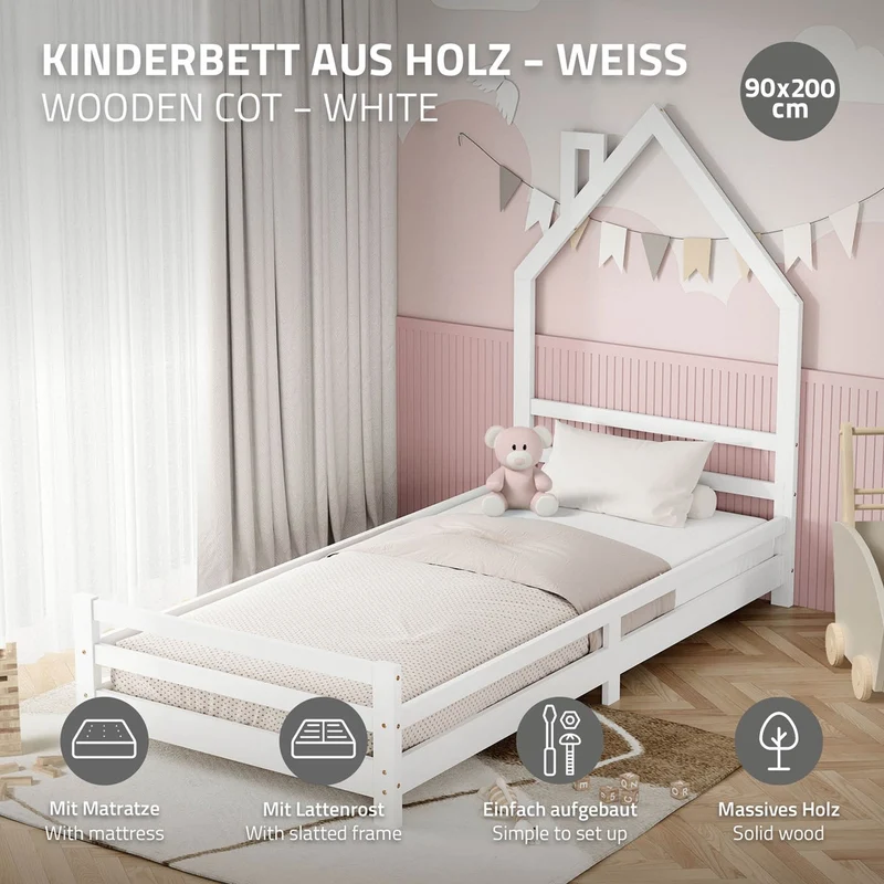 Kinderbett Haus 90x200 cm Weiß mit Matratze H:16cm Holzbett für Kinder mit Lattenrost Schornstein Design ML-Design