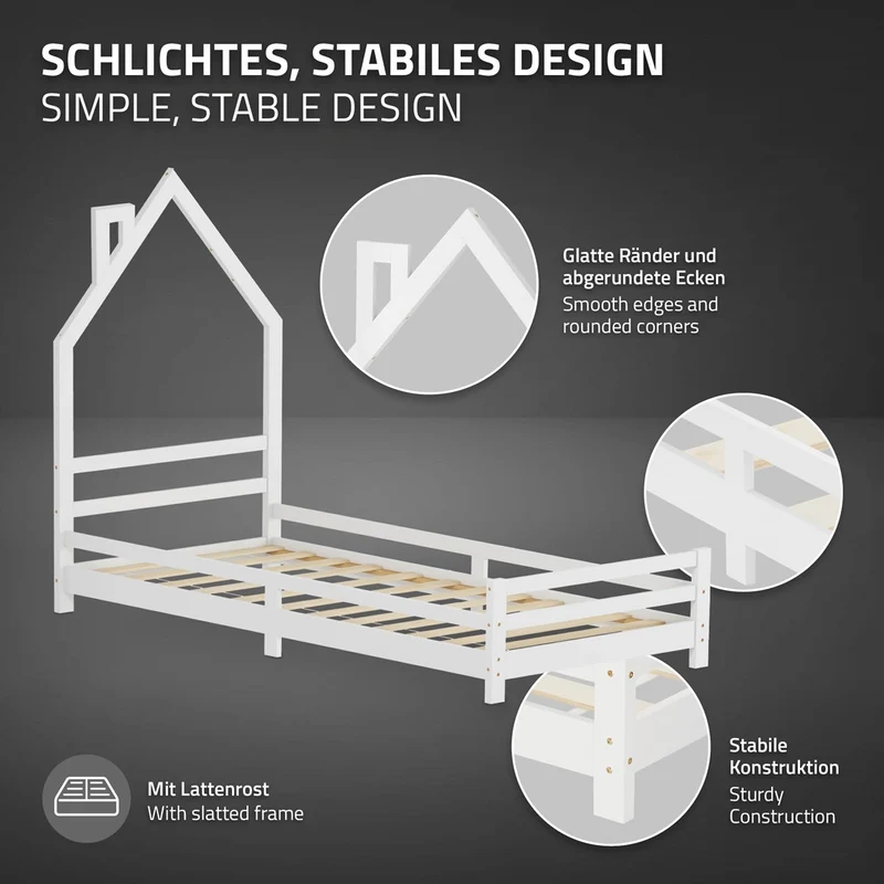 Kinderbett Haus 90x200 cm Weiß mit Matratze H:16cm Holzbett für Kinder mit Lattenrost Schornstein Design ML-Design