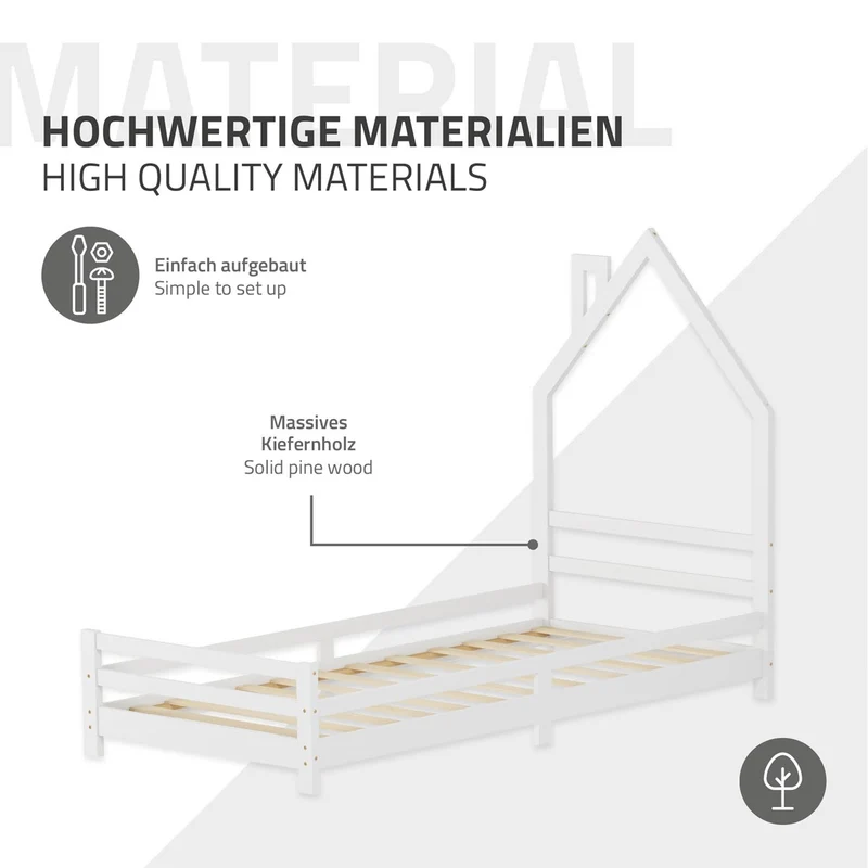 Kinderbett Haus 90x200 cm Weiß mit Matratze H:16cm Holzbett für Kinder mit Lattenrost Schornstein Design ML-Design