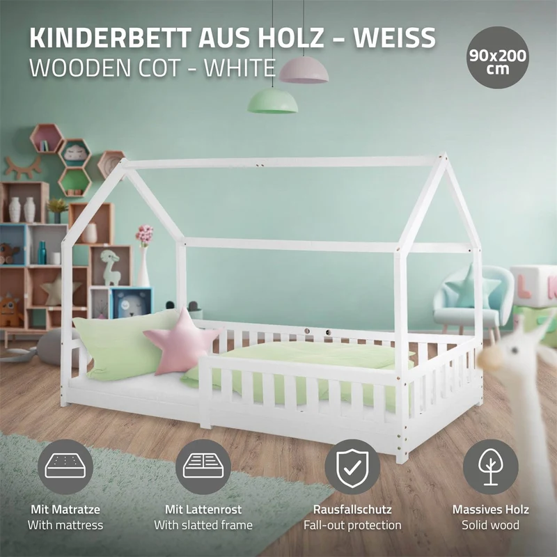 Kinderbett Hausbett 90x200 cm Weiß aus Kiefernholz inkl. Matratze H-16cm Rausfallschutz Dach und Lattenrost ML-Design