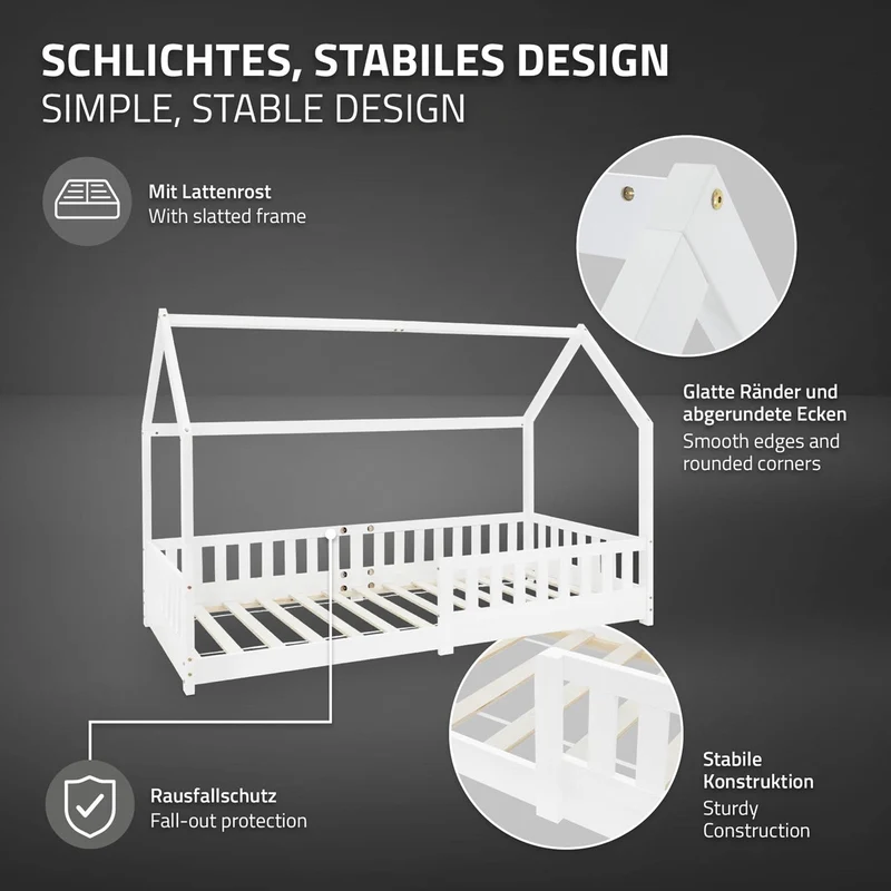Kinderbett Hausbett 90x200 cm Weiß aus Kiefernholz inkl. Matratze H-16cm Rausfallschutz Dach und Lattenrost ML-Design
