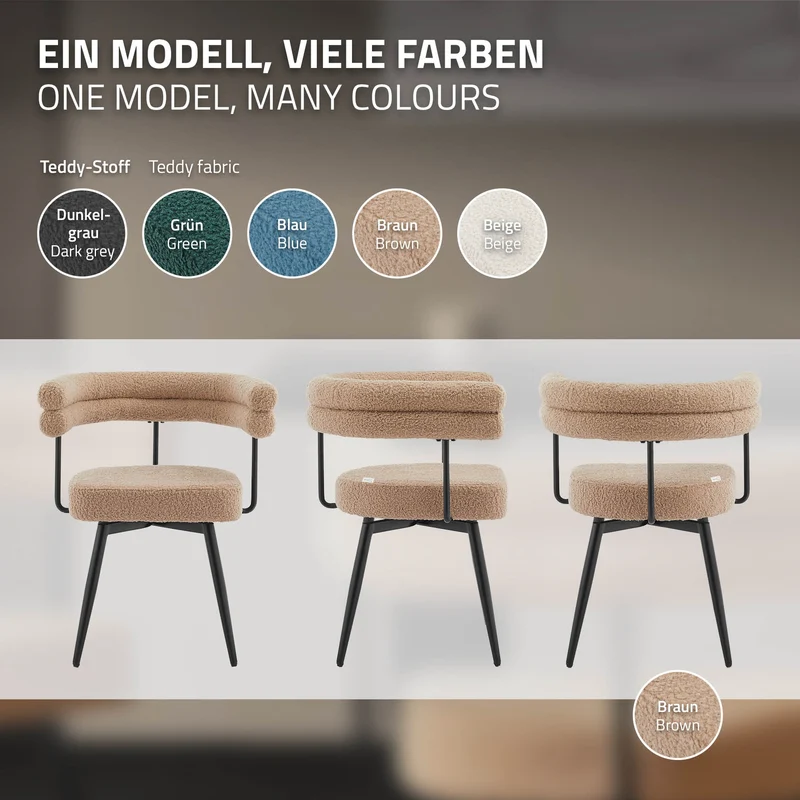 4er Set Esszimmerstühle 360° drehbar in Braun Teddy-Stoff mit Arm- und Rückenlehnen Küchenstuhl ML-Design