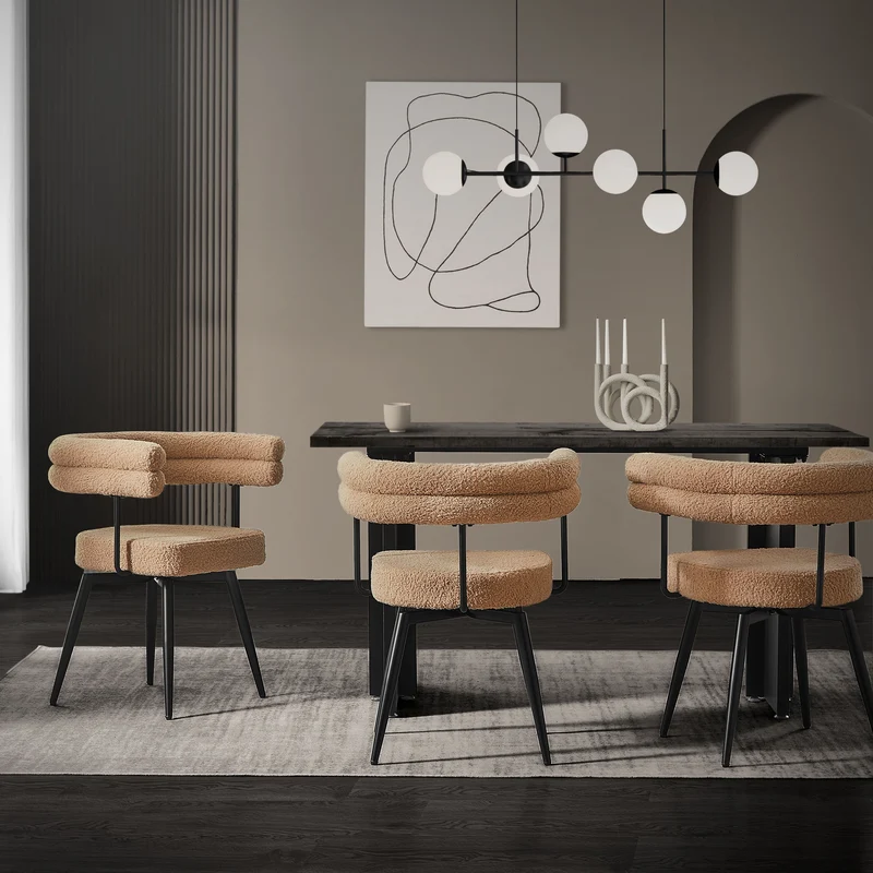 4er Set Esszimmerstühle 360° drehbar in Braun Teddy-Stoff mit Arm- und Rückenlehnen Küchenstuhl ML-Design