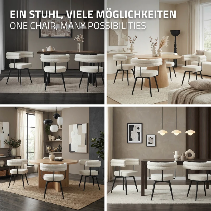4er Set Esszimmerstühle 360° drehbar in Beige Teddy-Stoff mit Arm- und Rückenlehnen Küchenstuhl ML-Design