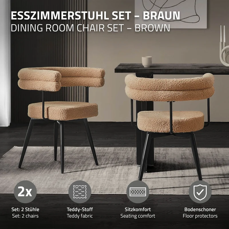 2er Set Esszimmerstühle 360° drehbar in Braun Teddy-Stoff mit Arm- und Rückenlehnen Küchenstuhl ML-Design