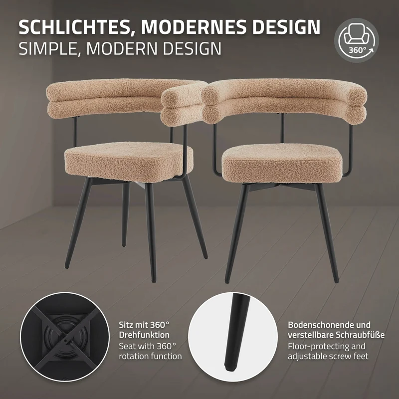 2er Set Esszimmerstühle 360° drehbar in Braun Teddy-Stoff mit Arm- und Rückenlehnen Küchenstuhl ML-Design