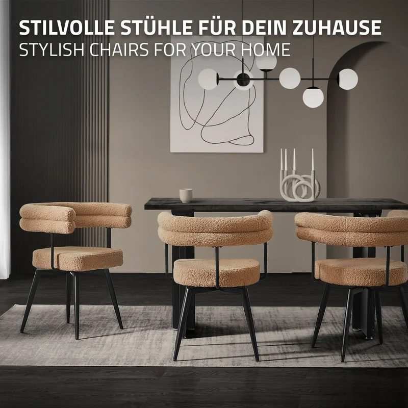 6er Set Esszimmerstühle 360° drehbar in Braun Teddy-Stoff mit Arm- und Rückenlehnen Küchenstuhl ML-Design