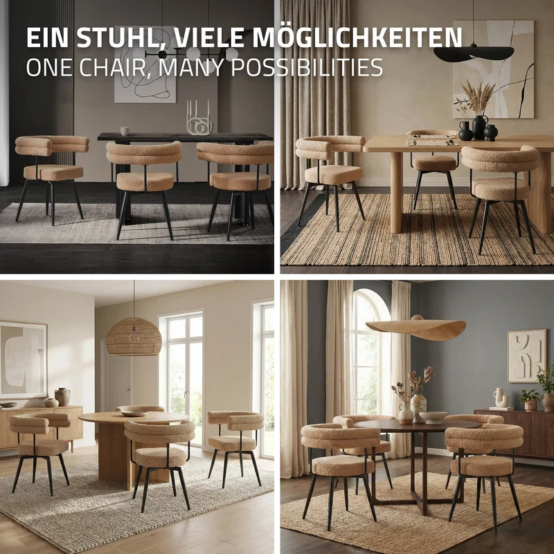 6er Set Esszimmerstühle 360° drehbar in Braun Teddy-Stoff mit Arm- und Rückenlehnen Küchenstuhl ML-Design