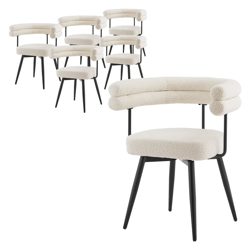 6er Set Esszimmerstühle 360° drehbar in Beige Teddy-Stoff mit Arm- und Rückenlehnen Küchenstuhl ML-Design