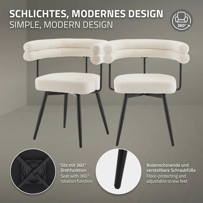 6er Set Esszimmerstühle 360° drehbar in Beige Teddy-Stoff mit Arm- und Rückenlehnen Küchenstuhl ML-Design