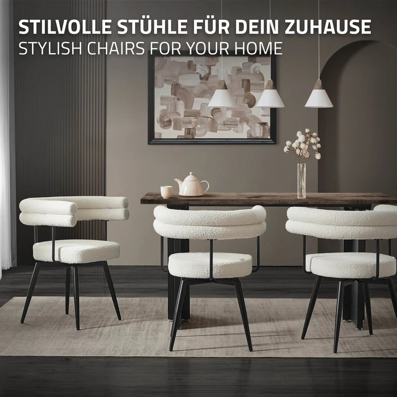 6er Set Esszimmerstühle 360° drehbar in Beige Teddy-Stoff mit Arm- und Rückenlehnen Küchenstuhl ML-Design