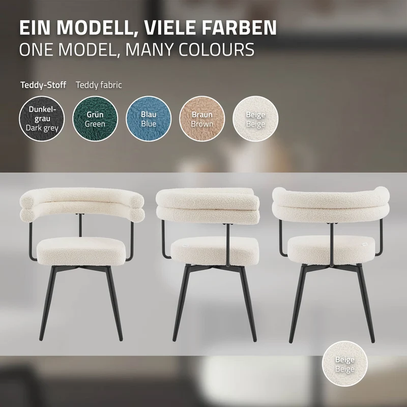 6er Set Esszimmerstühle 360° drehbar in Beige Teddy-Stoff mit Arm- und Rückenlehnen Küchenstuhl ML-Design