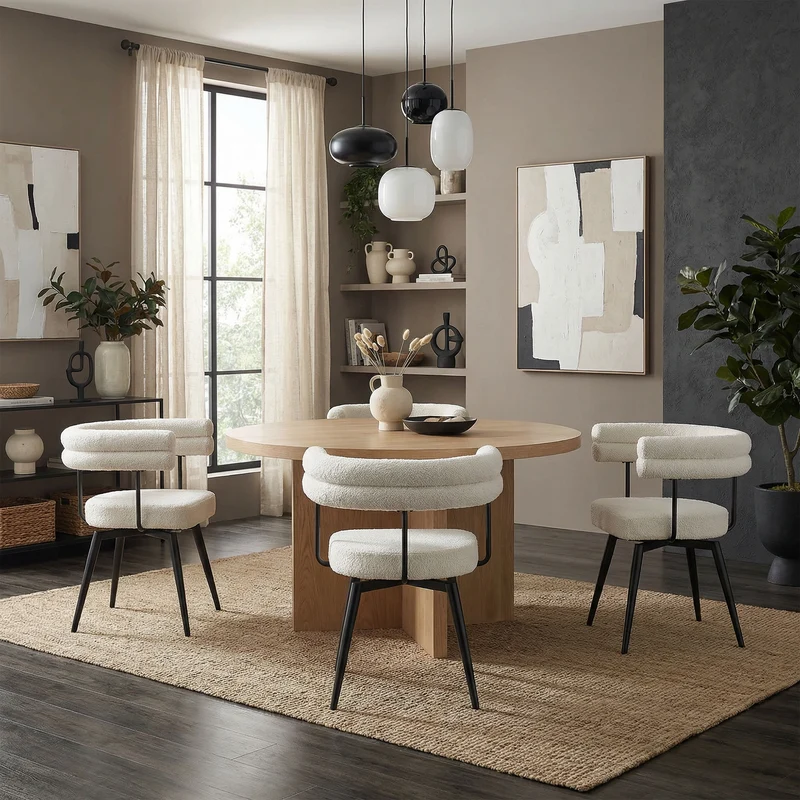 6er Set Esszimmerstühle 360° drehbar in Beige Teddy-Stoff mit Arm- und Rückenlehnen Küchenstuhl ML-Design