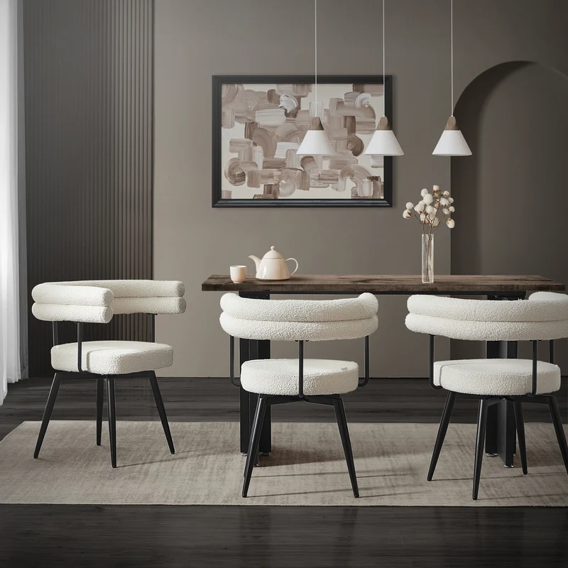 6er Set Esszimmerstühle 360° drehbar in Beige Teddy-Stoff mit Arm- und Rückenlehnen Küchenstuhl ML-Design