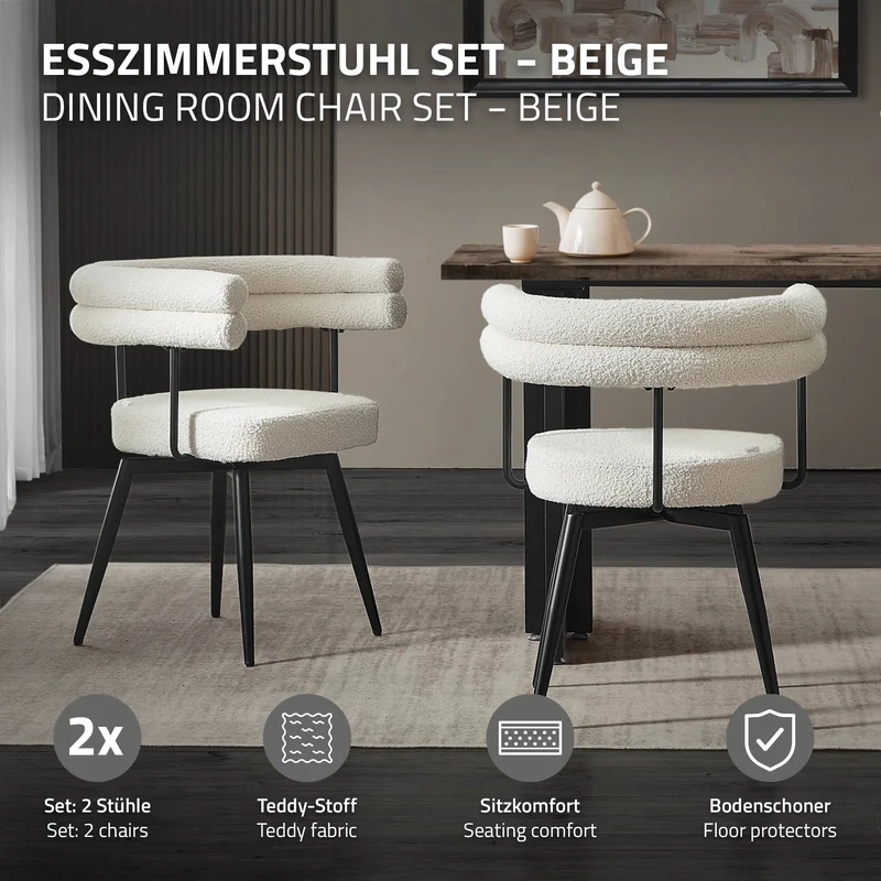 2er Set Esszimmerstühle 360° drehbar in Beige Teddy-Stoff mit Arm- und Rückenlehnen Küchenstuhl ML-Design