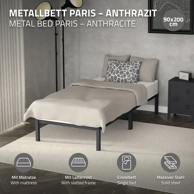 Bettgestell Einzelbett 90x200cm aus Metall in Anthrazit mit Lattenrost & Matratze H-16cm ML-Design