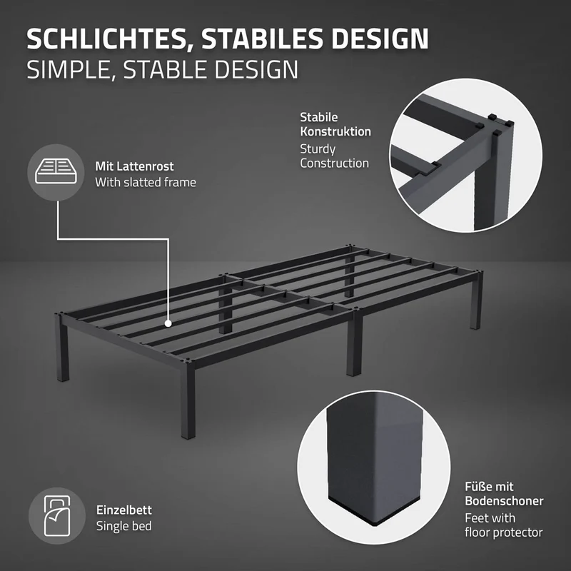 Bettgestell Einzelbett 90x200cm aus Metall in Anthrazit mit Lattenrost & Matratze H-16cm ML-Design