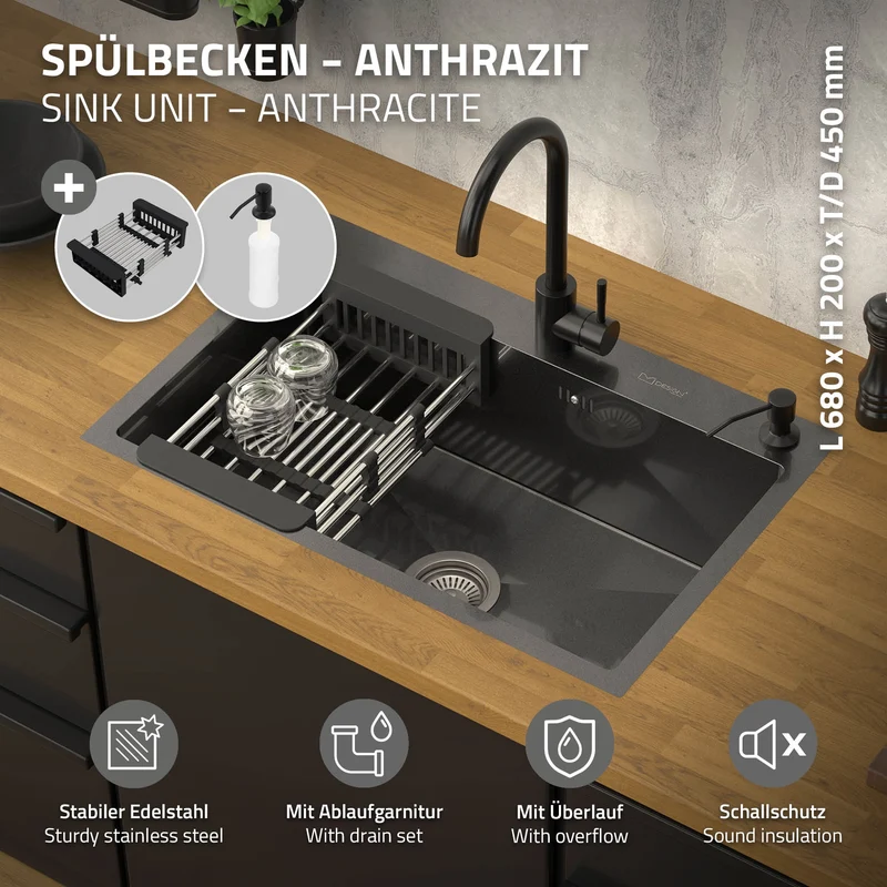 B-Ware Einbauspüle 68x45 cm Anthrazit mit Ablaufgarnitur und Seifenspender Küchenspüle aus Edelstahl ML-Design
