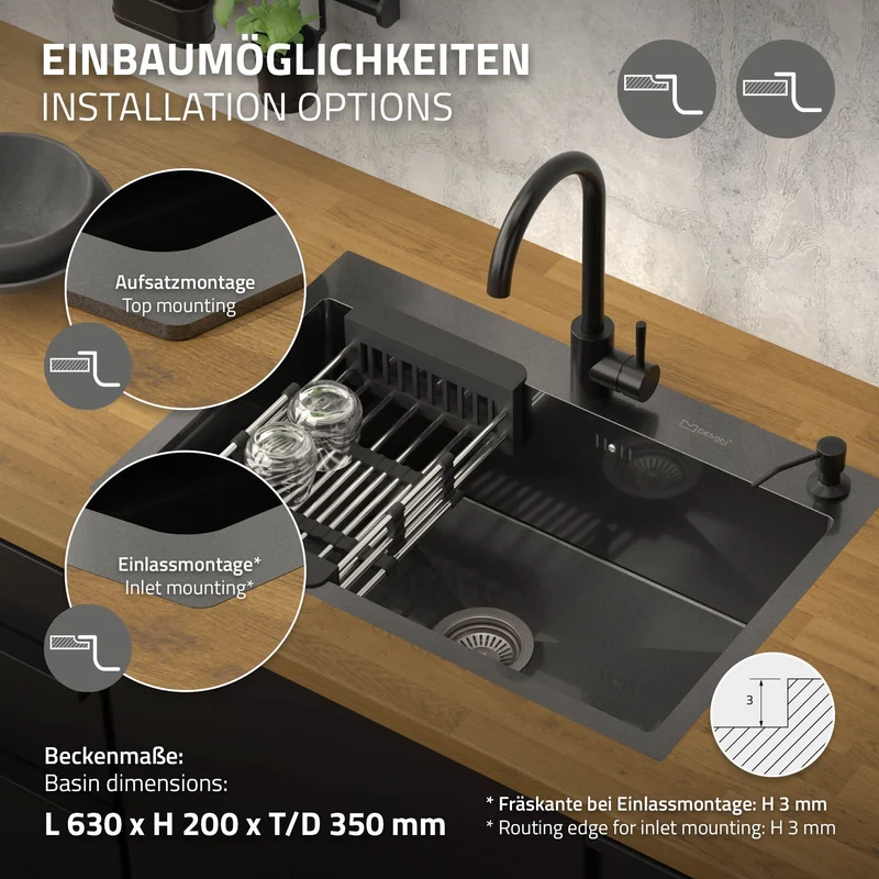 B-Ware Einbauspüle 68x45 cm Anthrazit mit Ablaufgarnitur und Seifenspender Küchenspüle aus Edelstahl ML-Design