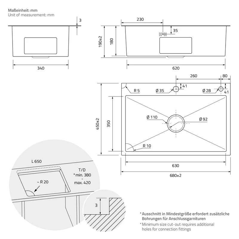 B-Ware Einbauspüle 68x45 cm Anthrazit mit Ablaufgarnitur und Seifenspender Küchenspüle aus Edelstahl ML-Design